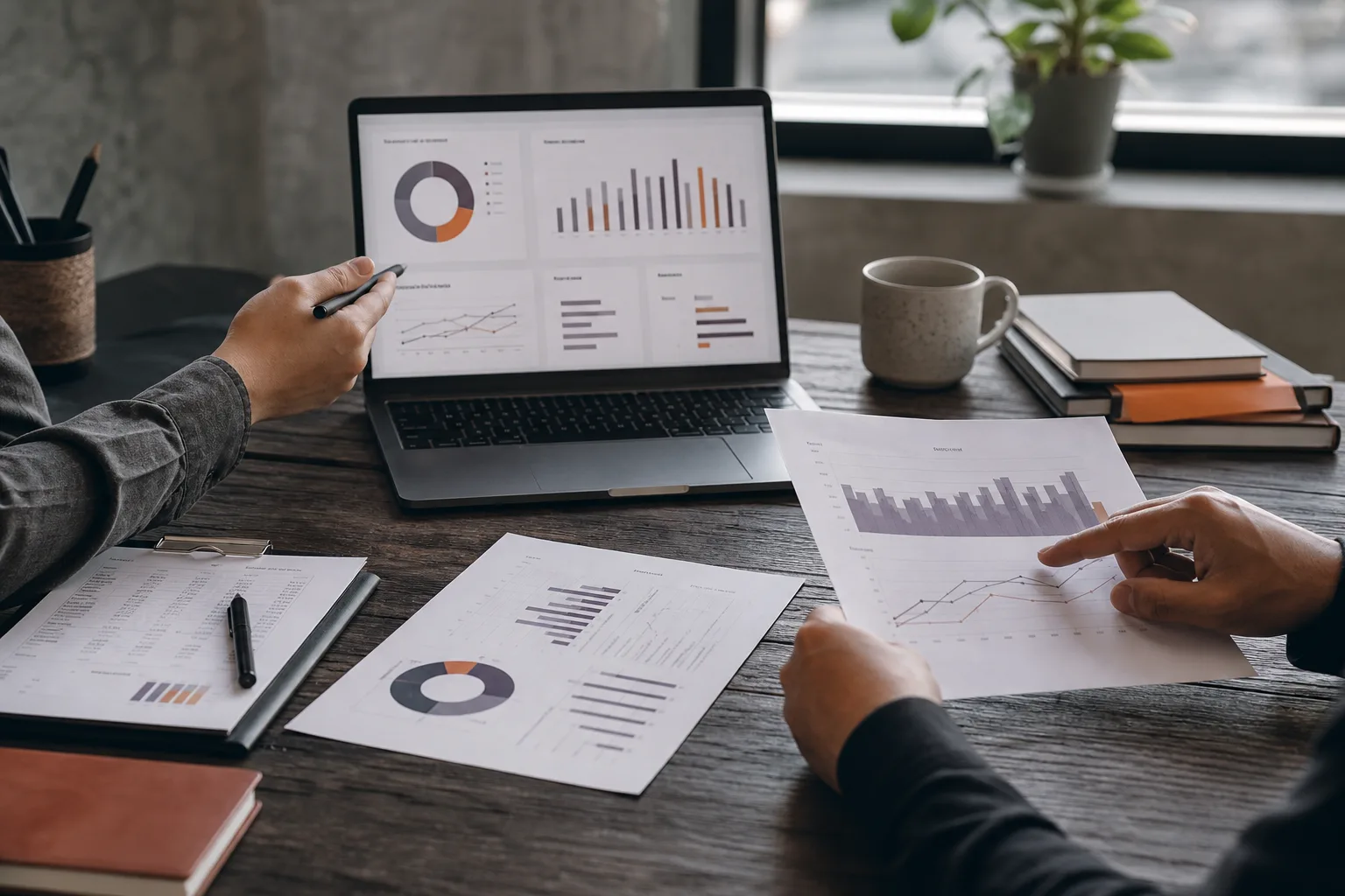 A team reviewing operational data and an analytics dashboard