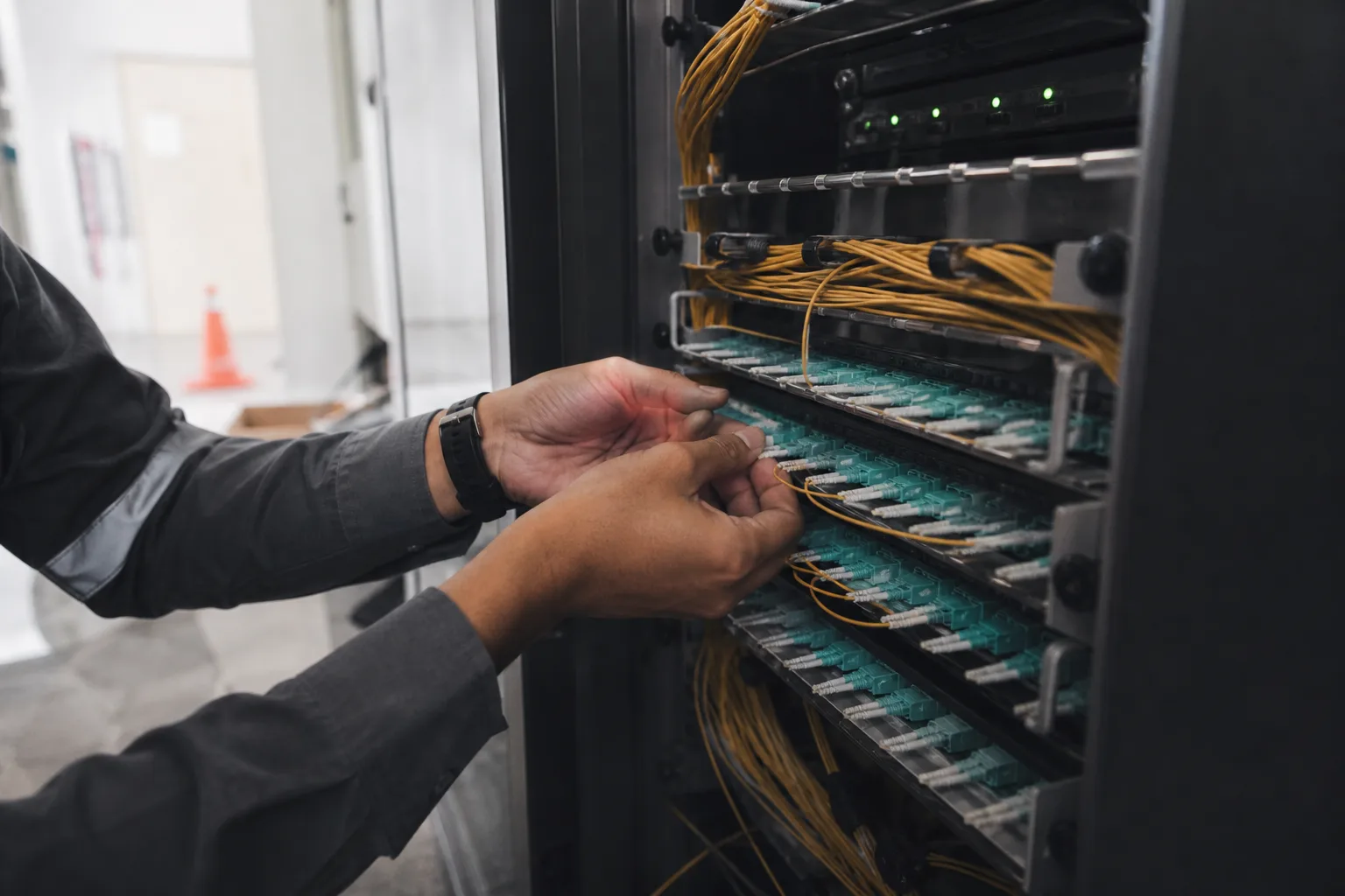 A technician inspecting connections in a fiber optic network panel