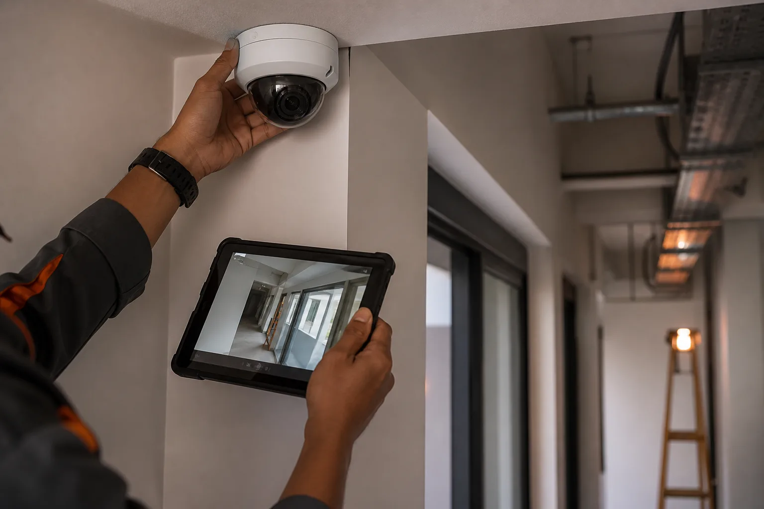 A technician aligning an IP camera and checking its field of view
