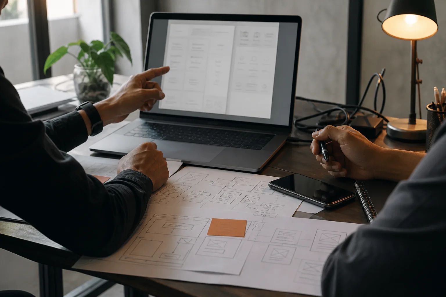 A team discussing a workflow for business application development