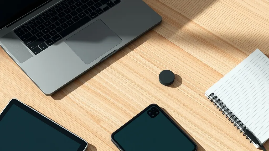 Modern laptop, foldable smartphone, and compact tracking tag displayed neatly on an administrative desk environment.