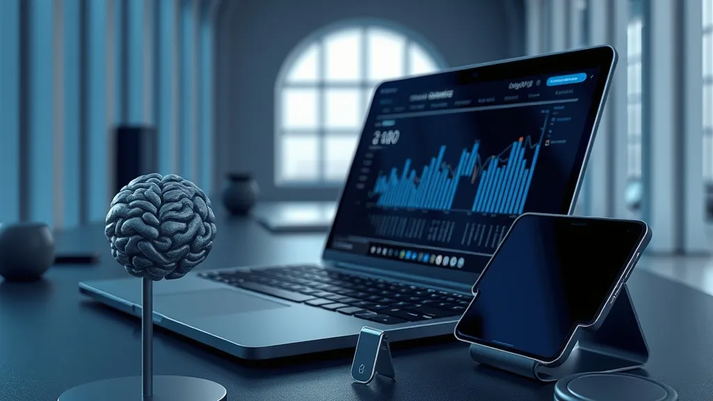 Modern professional workspace featuring an AI laptop, an open foldable smartphone, and a smart tracking tag.