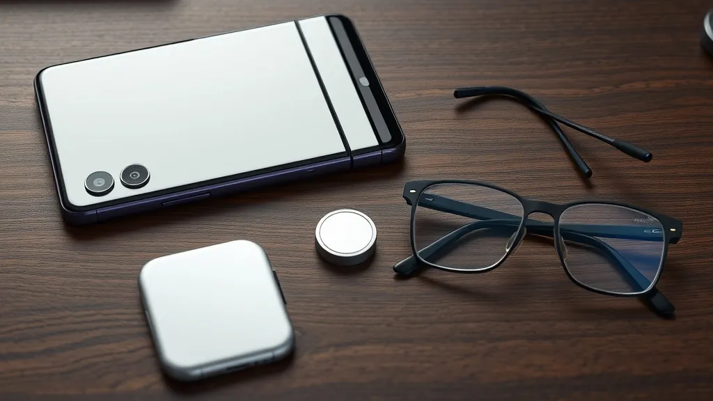 A modern clean workbench featuring a foldable smartphone, a compact Bluetooth tracking tag, and stylish smart eyewear frames.