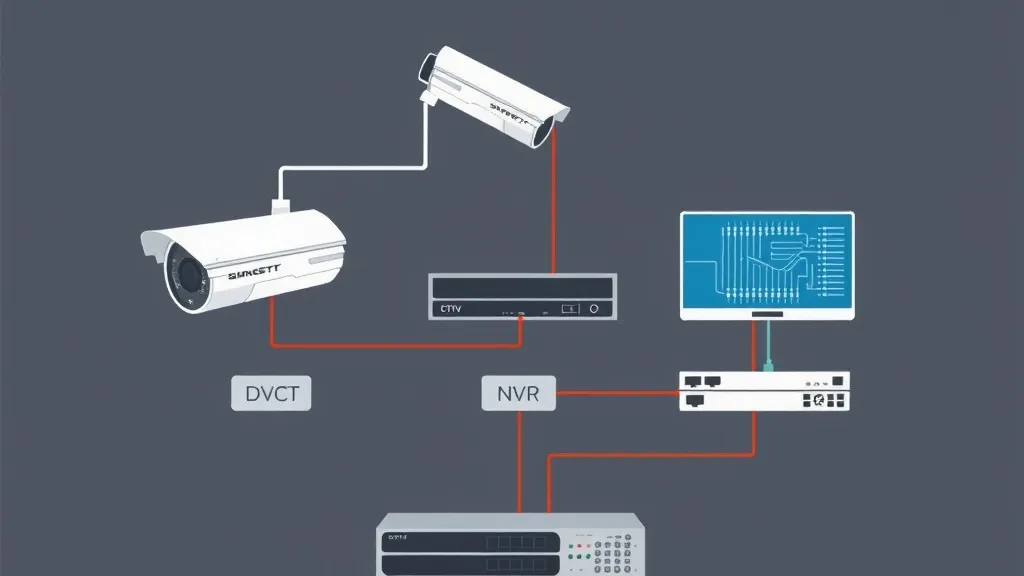Diagram comparing analog coaxial CCTV, network IP camera, and hybrid video surveillance system architectures.
