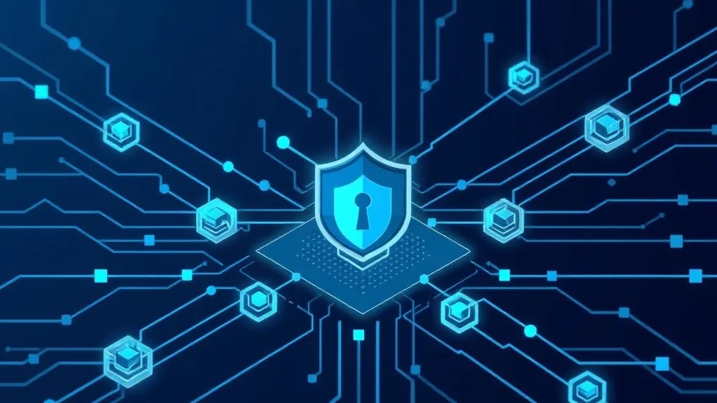 Digital network security abstract showing vulnerability scanning and kernel protection nodes.