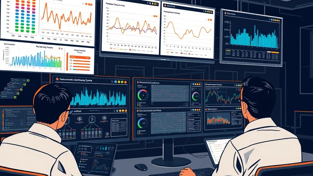 Network engineer evaluating connectivity infrastructure and data traffic metrics on digital screens.