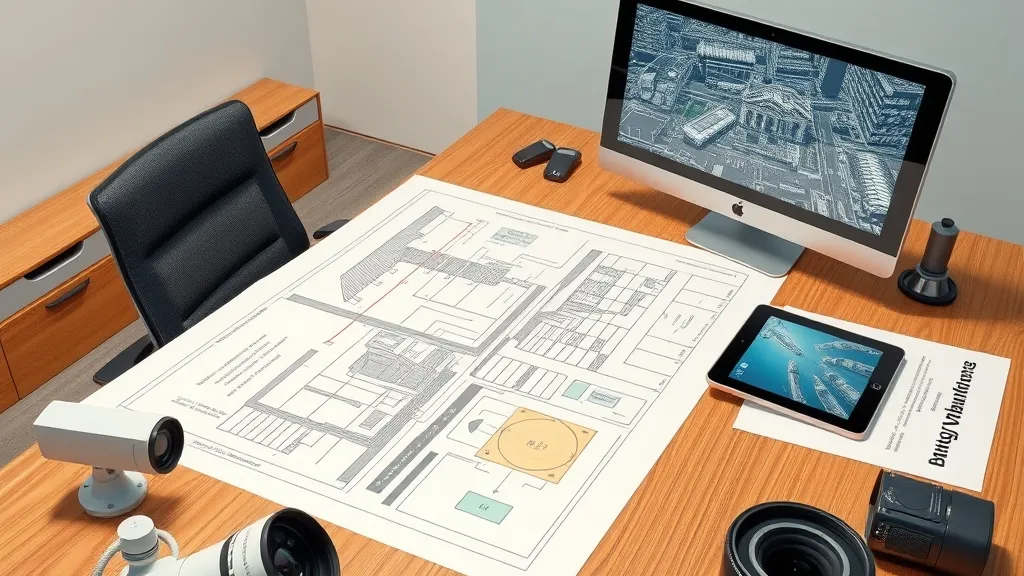 A security systems consultant reviewing building floor plans overlaid with camera coverage cones and optical range calculations.