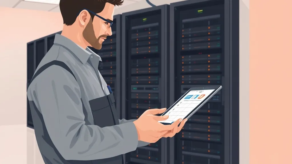 Technician documenting server hardware maintenance in a modern office data room.