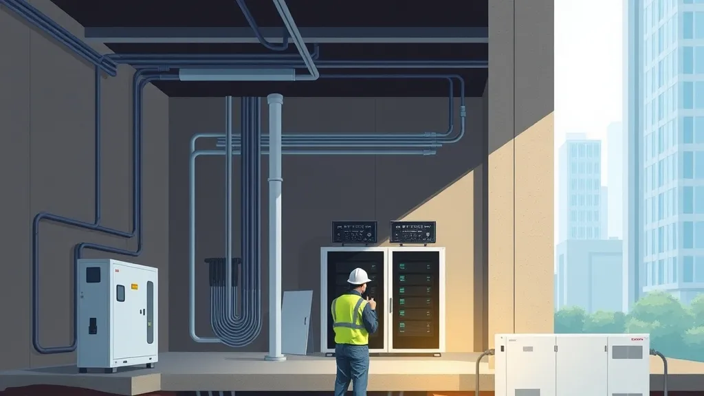 An engineer reviewing structural site blueprints and inspecting underground fiber optic entry conduits outside an enterprise office building.