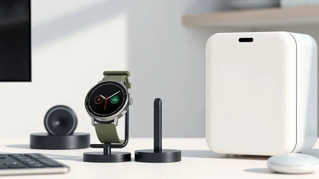 Professional workspace showcasing various personal technology devices including a smartwatch and a modern smartphone