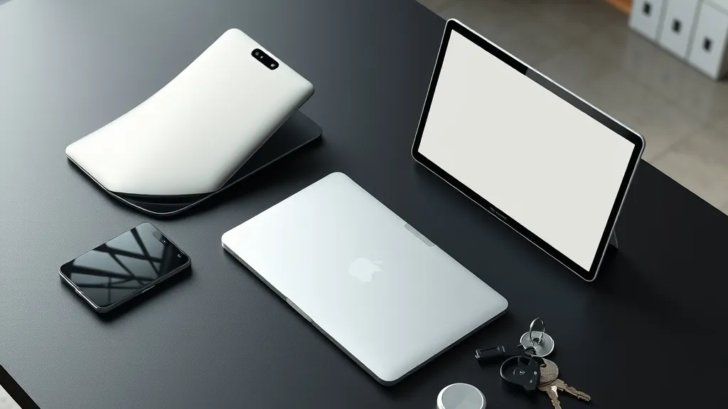 Modern personal technology devices including a premium foldable smartphone, an AI-capable laptop, and a compact location tracking tag displayed on a clean workspace desk.
