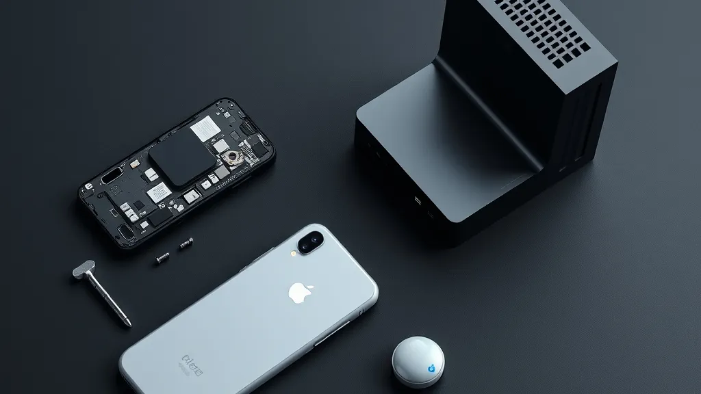Modern technology hardware displaying a modular smartphone disassembled with a single Torx screwdriver alongside a sleek desktop workstation and mobile tracking tags.