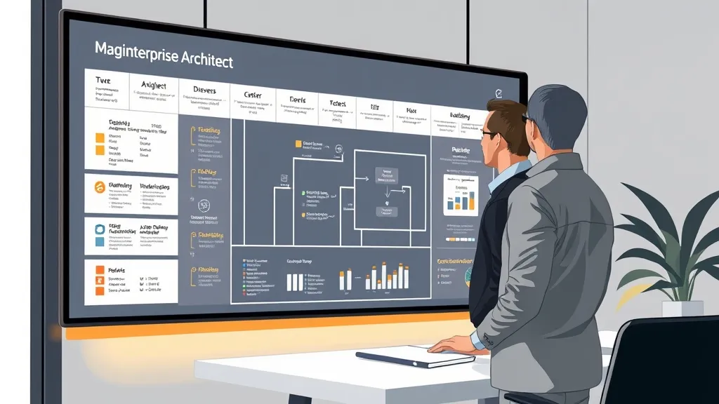 Enterprise technology architect reviewing detailed business process maps and system integration workflows on a wall chart.