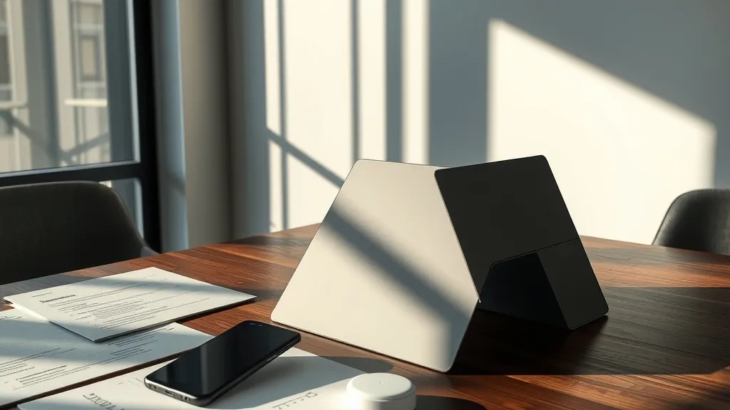 Minimalist modern desk layout with a foldable smartphone, an AI laptop, and a compact location tracking tag.
