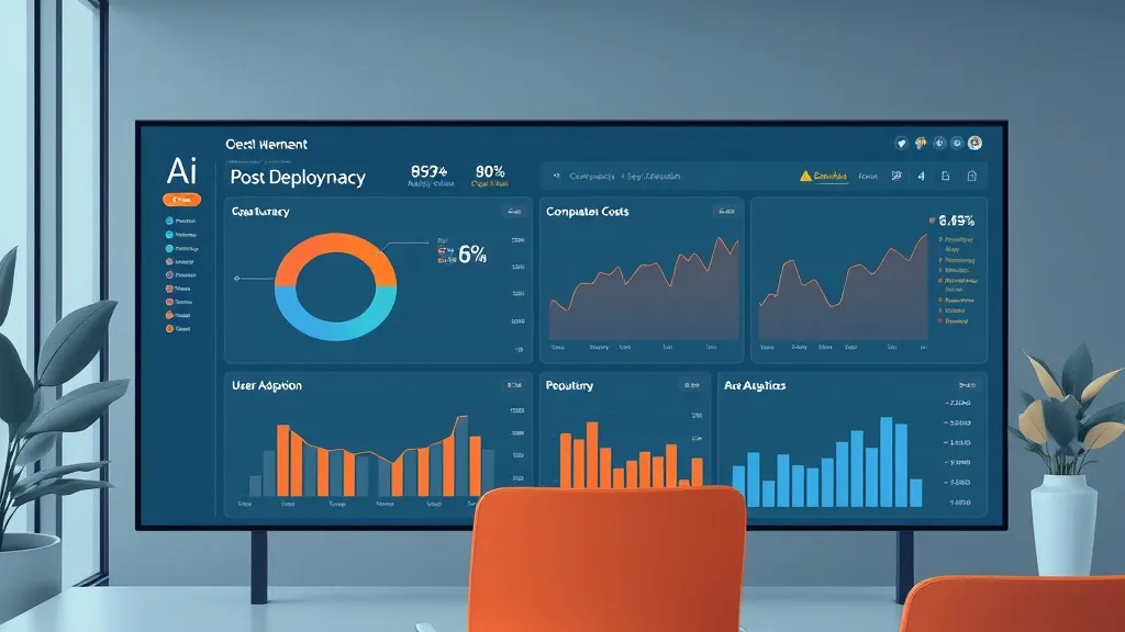 A dashboard showing key performance indicators for an AI system including quality metrics and infrastructure cost trends.