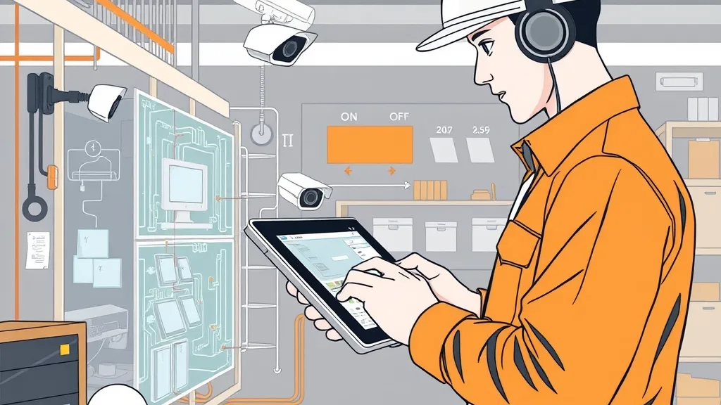 A technician performing a structured site survey for a video surveillance installation, checking camera angles and lighting conditions in a professional facility.