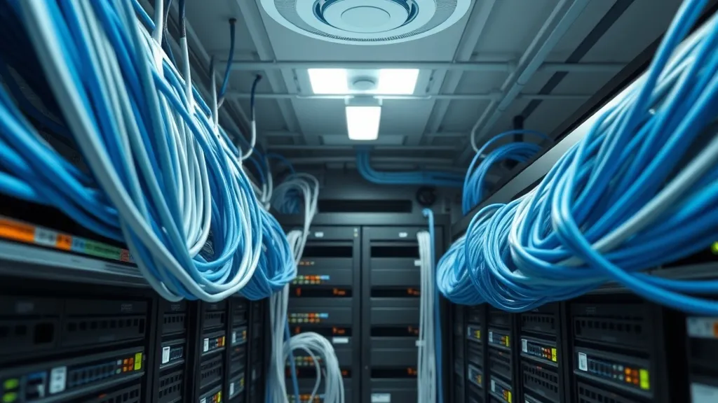 A structured layout of enterprise network equipment, emphasizing organized cabling, secure wireless access points, and monitoring indicators.