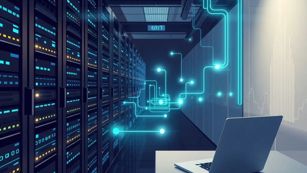 A modern server room alongside a lightweight laptop displaying cloud application architecture diagrams.