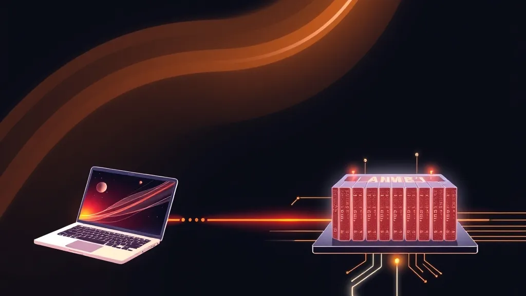 Enterprise computing architecture showing lightweight client endpoint laptops and high-density regional AI server infrastructure connected via data channels.