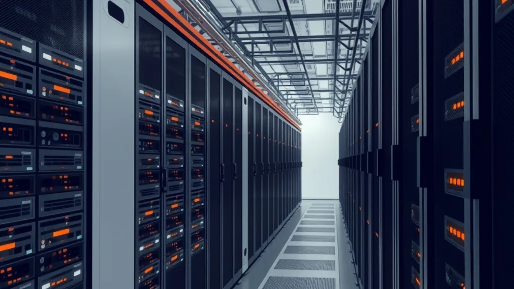 High-performance AI data center infrastructure featuring server racks and cooling units.