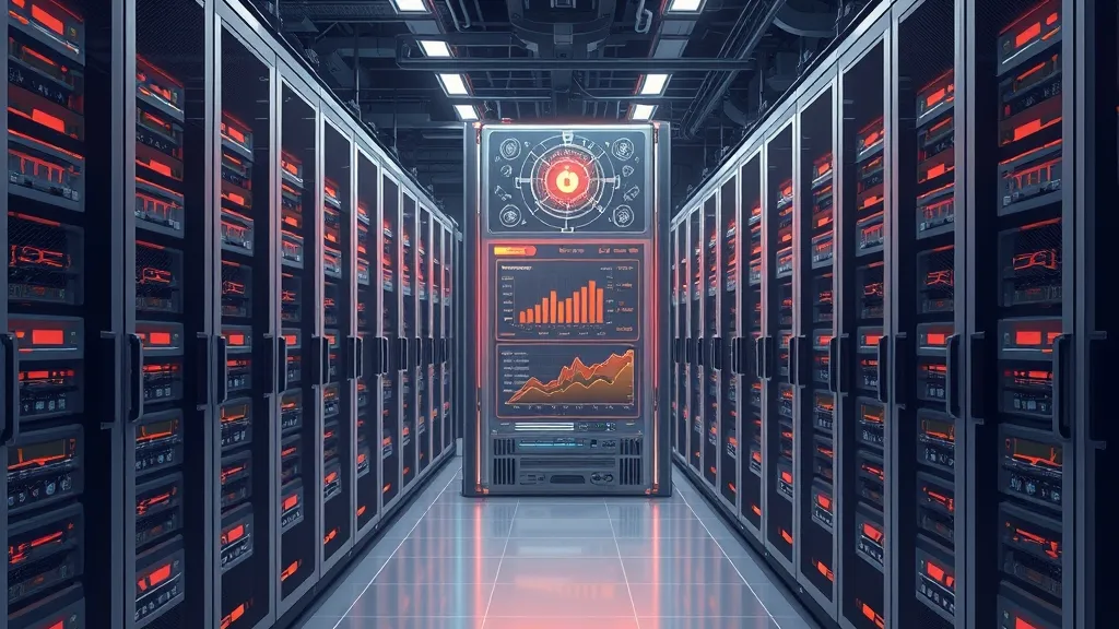 Modern AI data center showing server racks and power monitoring systems.