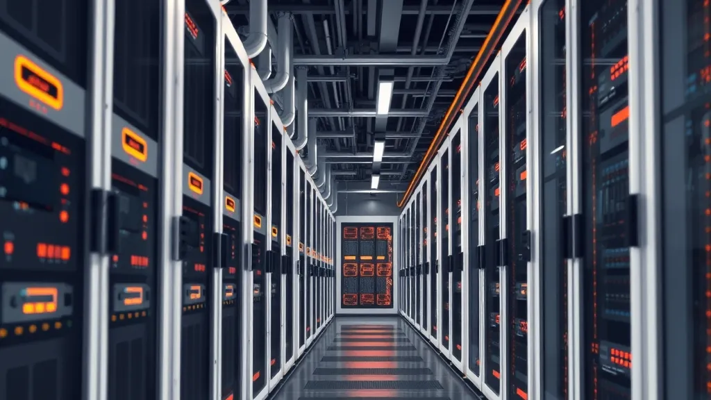A modern data center aisle with high-density GPU server racks illuminated by subtle blue indicator lights, representing high-performance AI compute.