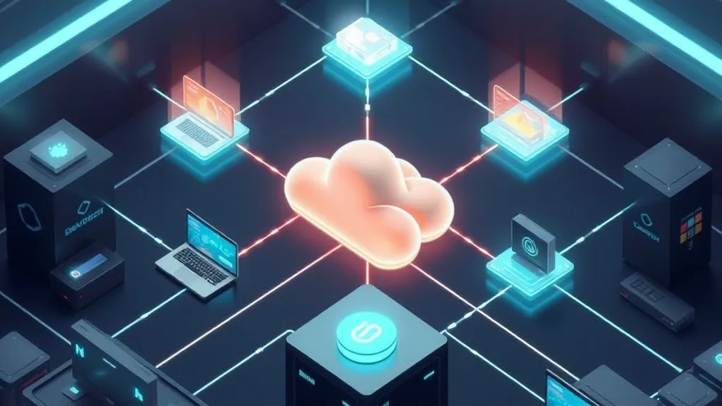 Illustration of data center rack servers streaming virtual desktop interfaces and graphics pipelines to remote laptop and client devices over cloud networks.
